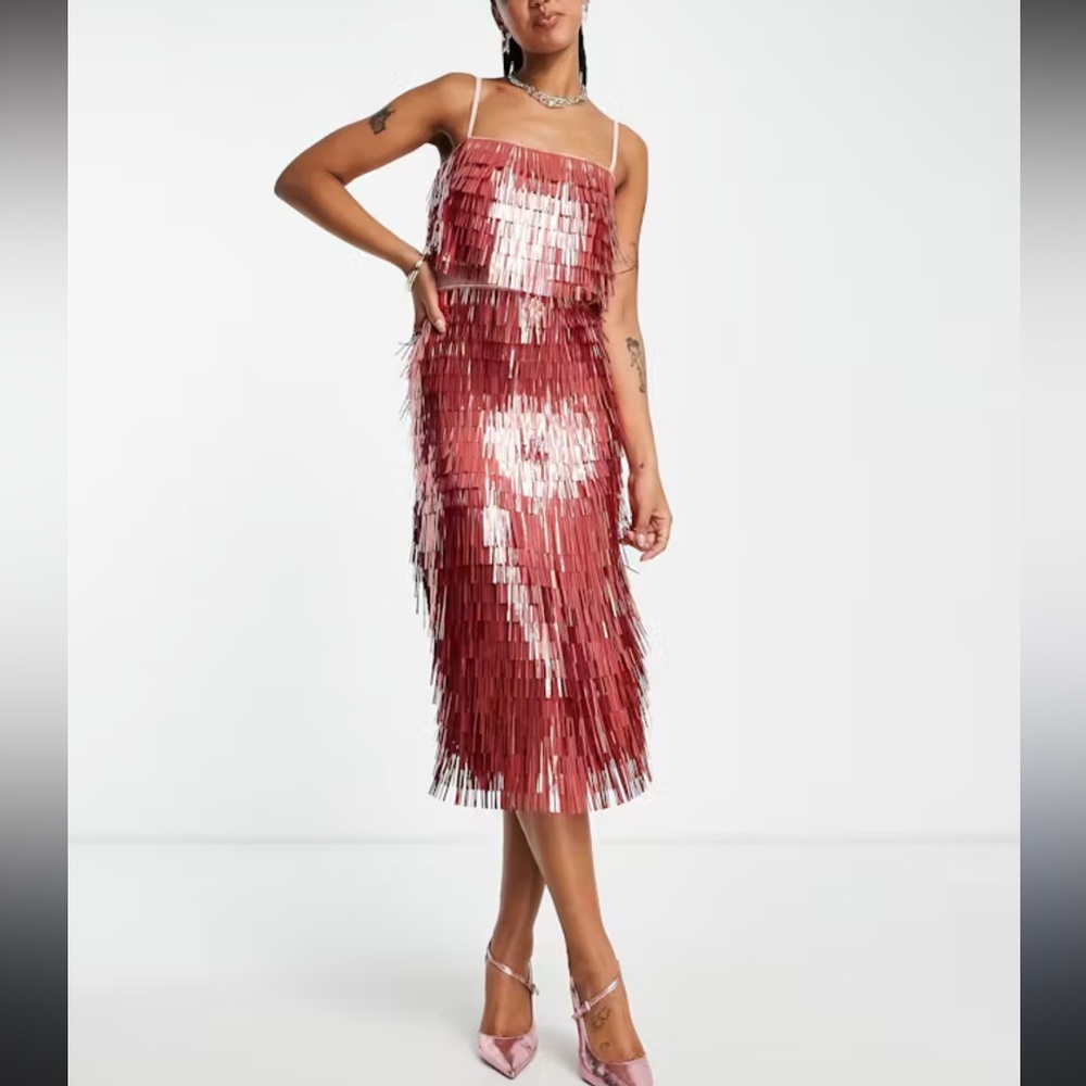 ASOS Pink Sequin Fringe Midi Dress